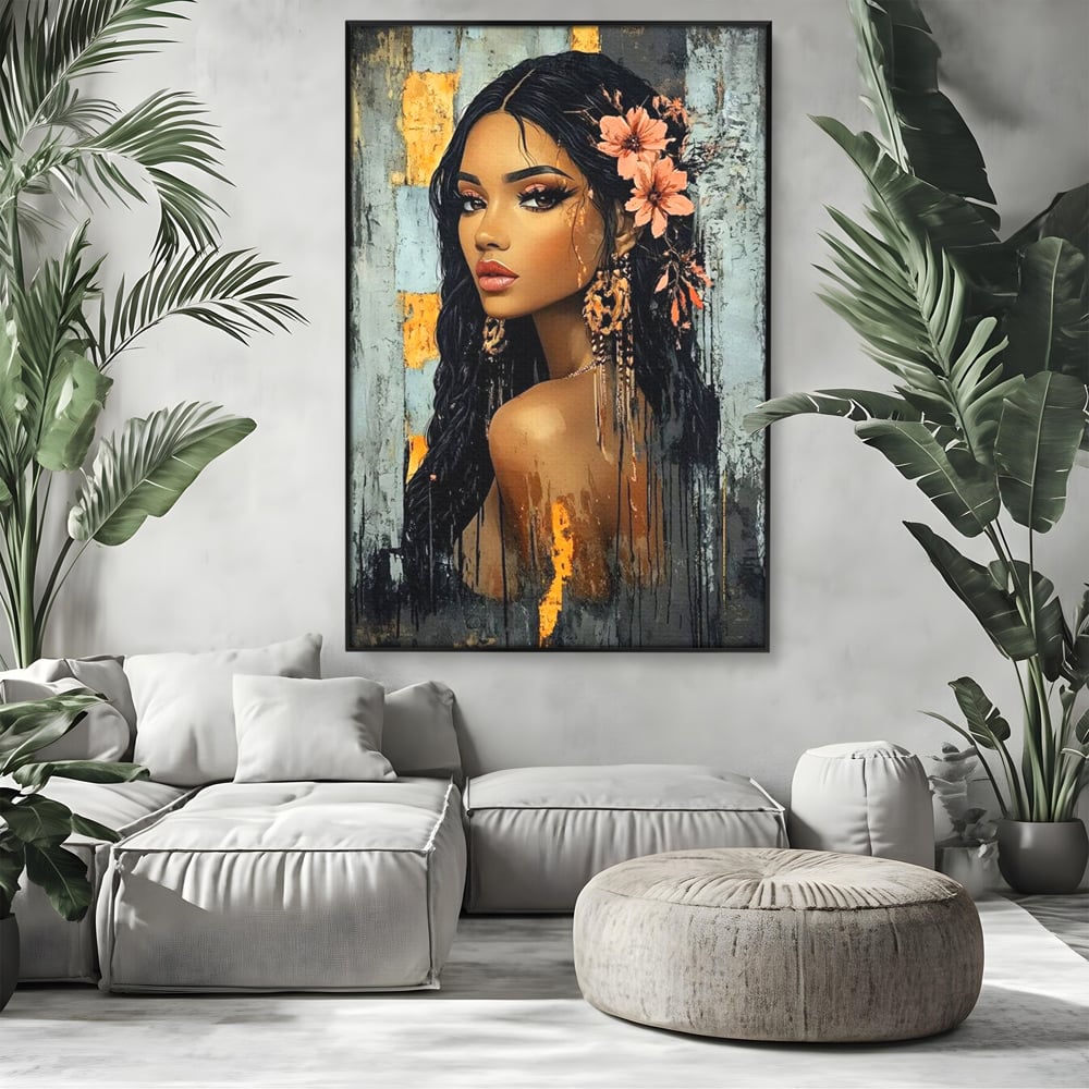 Tablou canvas cu tablou canvas cu femeie si flori in par, in rama de aluminiu negru, pe perete intr-un living